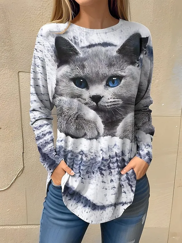 3D Cat Print Women's Long Sleeve T-shirt in Pink, Blue, and Green