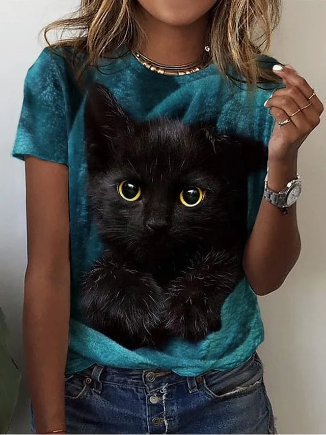 3D Cat Print Women's T-shirt in Red and Blue