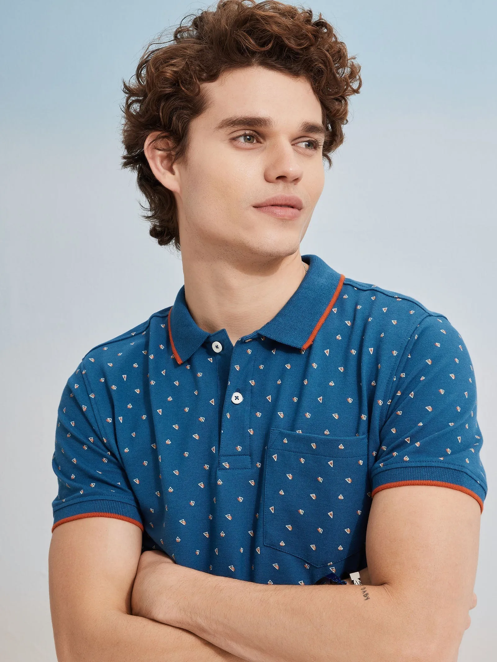 Blue Printed Stretch Polo T-Shirt