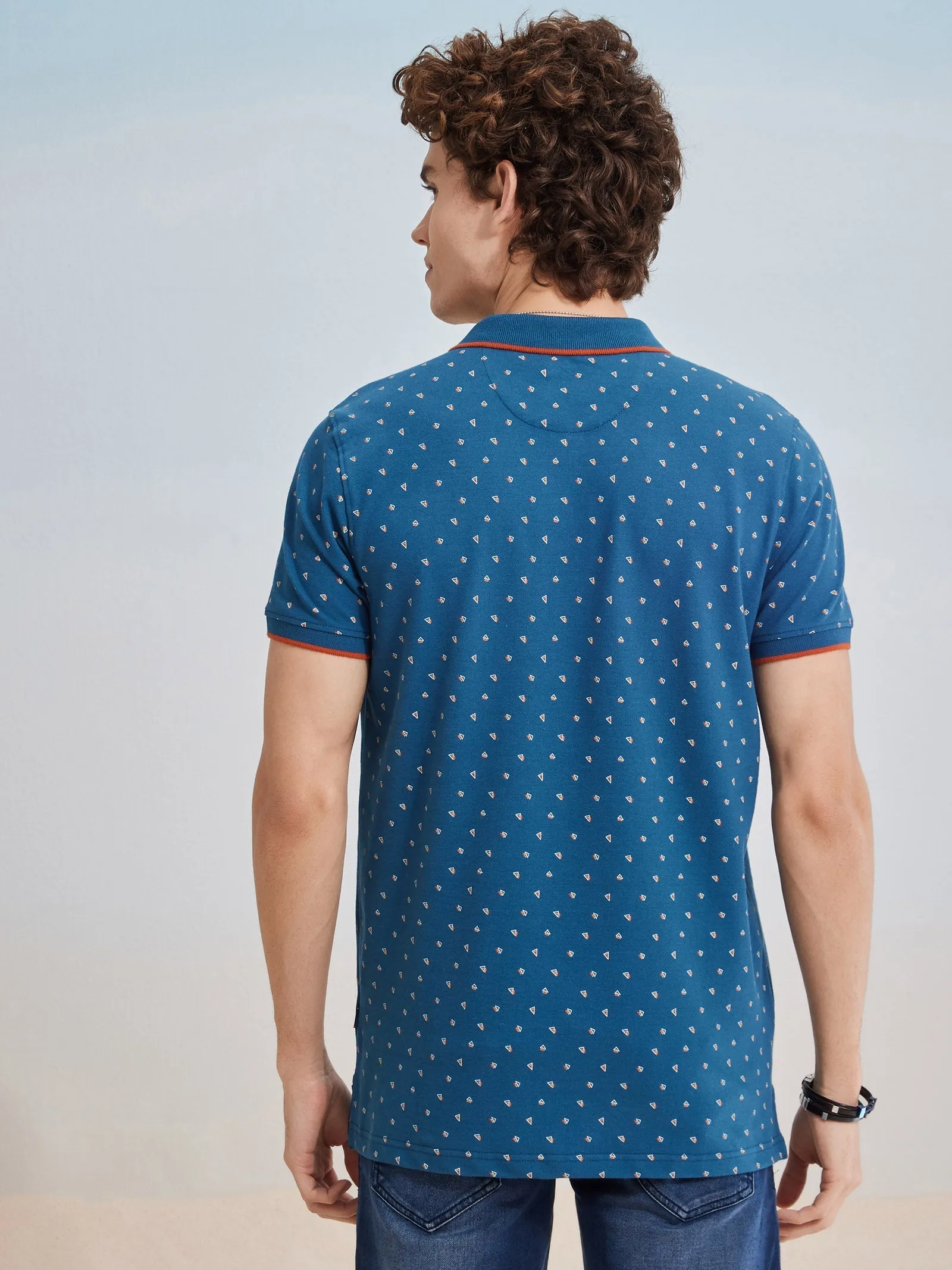 Blue Printed Stretch Polo T-Shirt