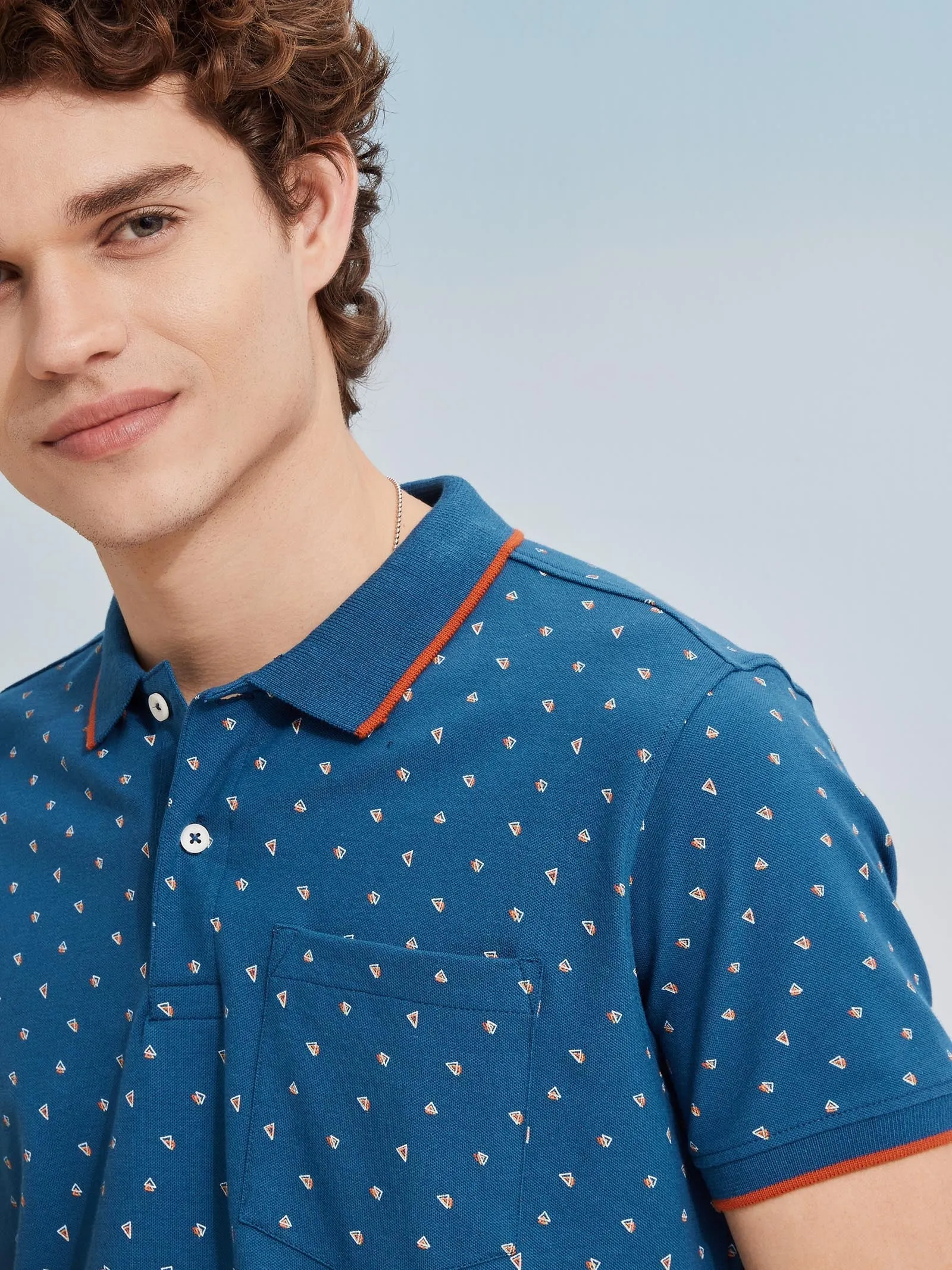 Blue Printed Stretch Polo T-Shirt