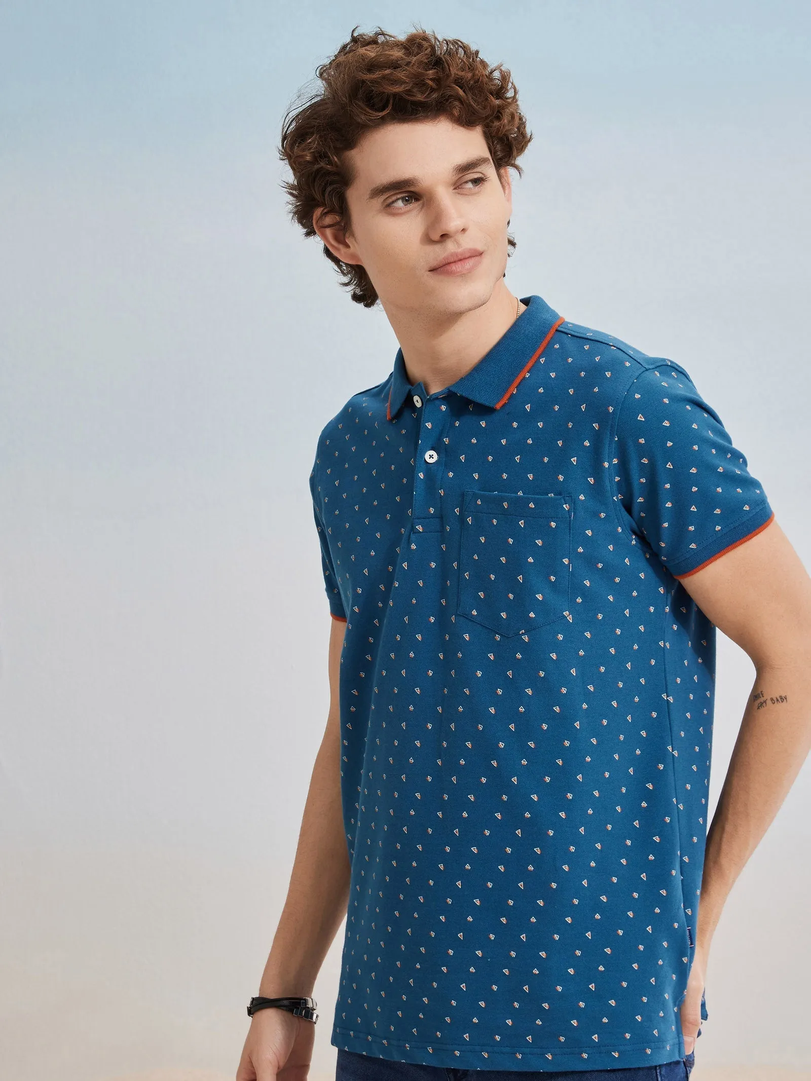 Blue Printed Stretch Polo T-Shirt