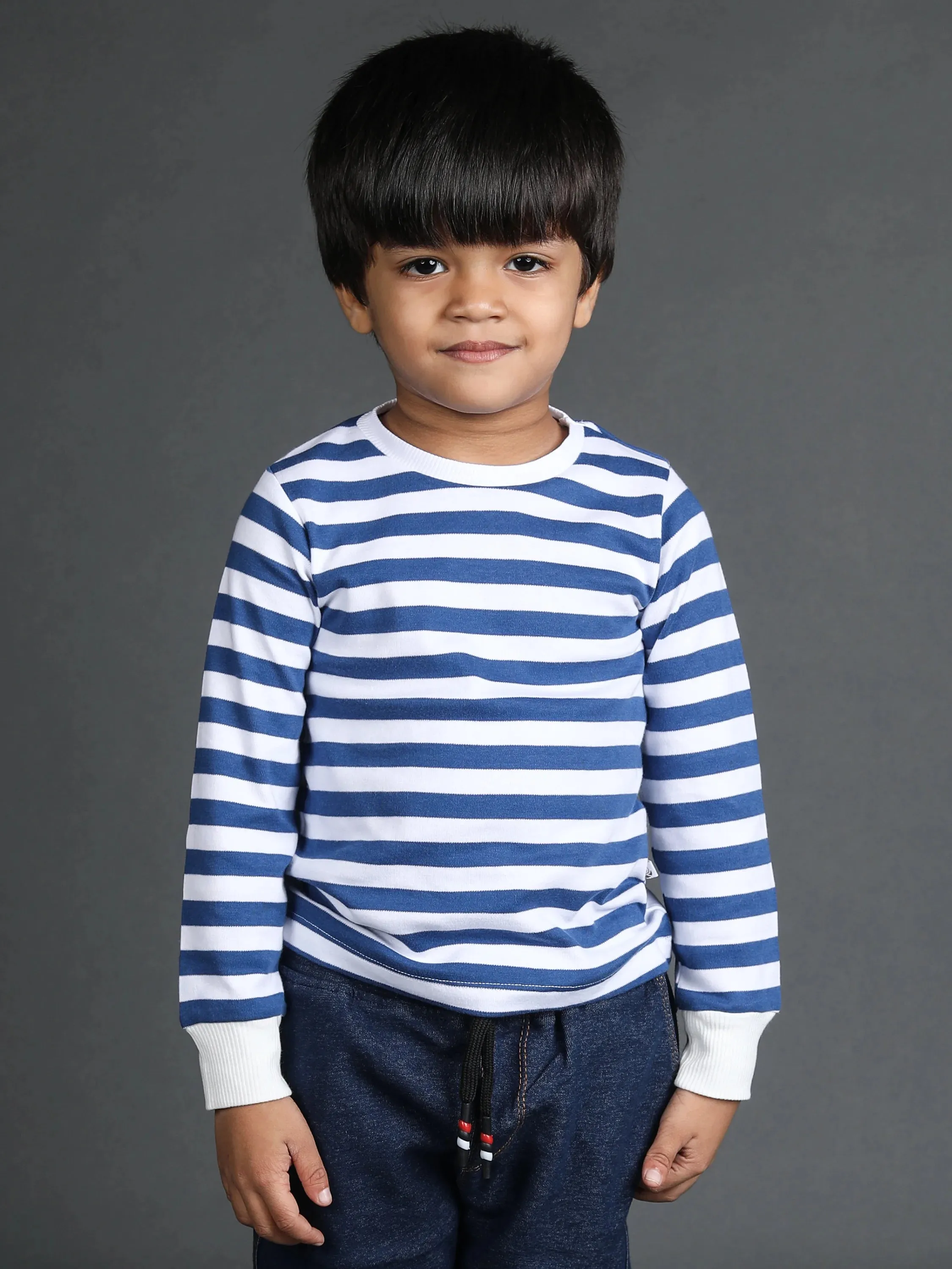 Full sleeve blue & white cuff t-shirt for baby