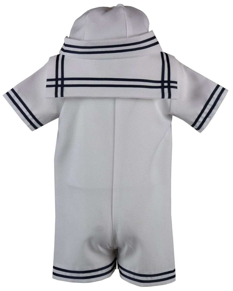 Infant Toddler White with Navy Blue Vintage Cruise Romper Outfit with Sailor Hat