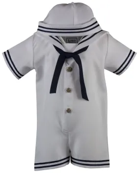 Infant Toddler White with Navy Blue Vintage Cruise Romper Outfit with Sailor Hat