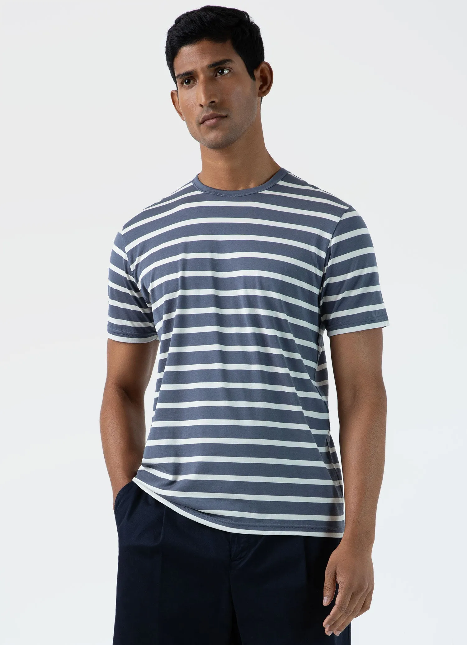 Men's Classic T-shirt in Slate Blue/Ecru Breton Stripe