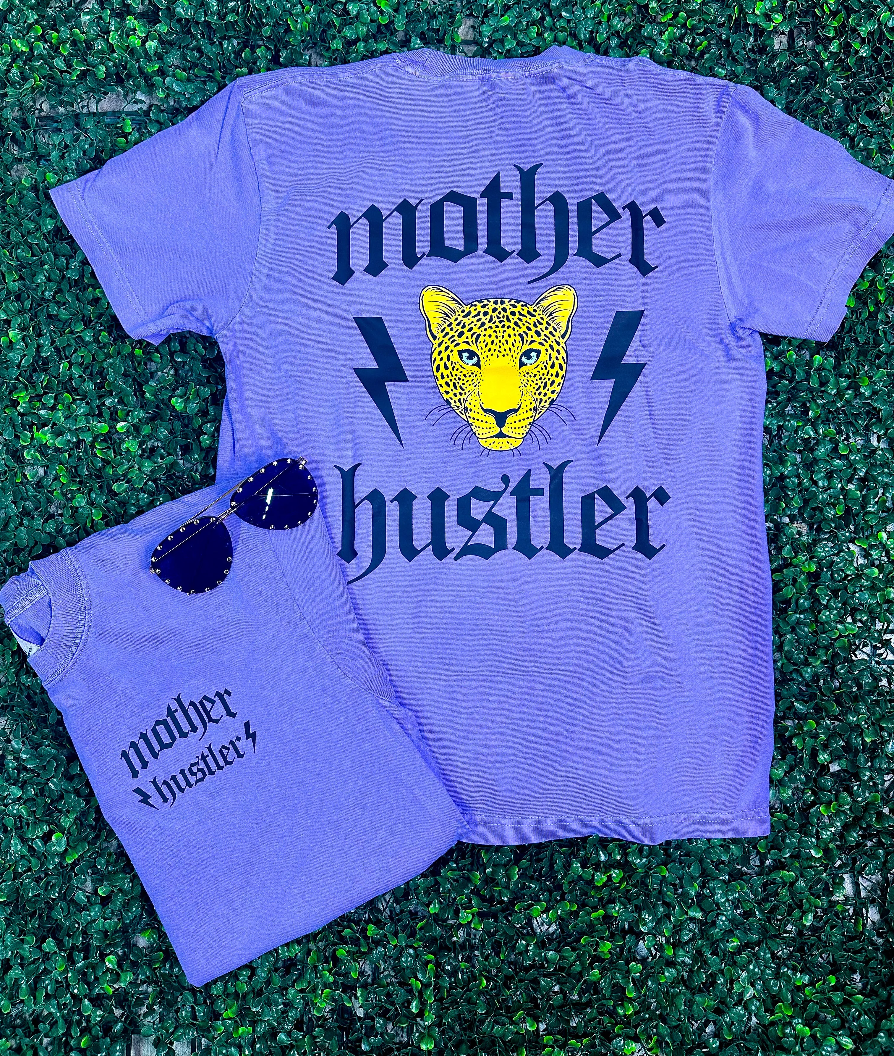 {MOTHER HUSTLER} Front   Back Leopard Purple Crew Neck Tee