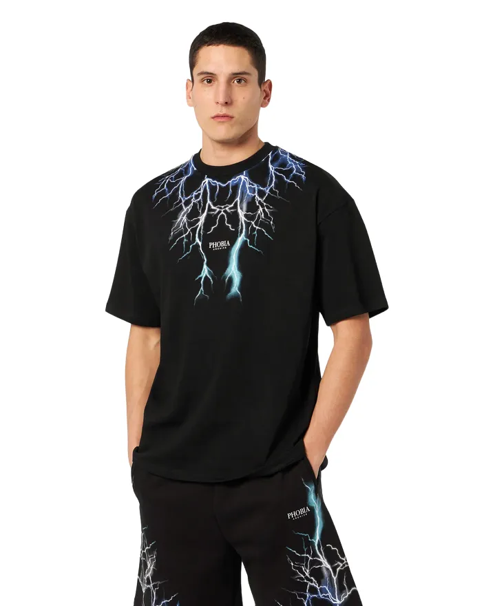 Phobia Black blue unisex t-shirt with lightning PH00104BLGRLB blue gray light blue