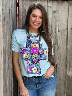 The Callie’s Ice Blue Easter Floral Cross Tee