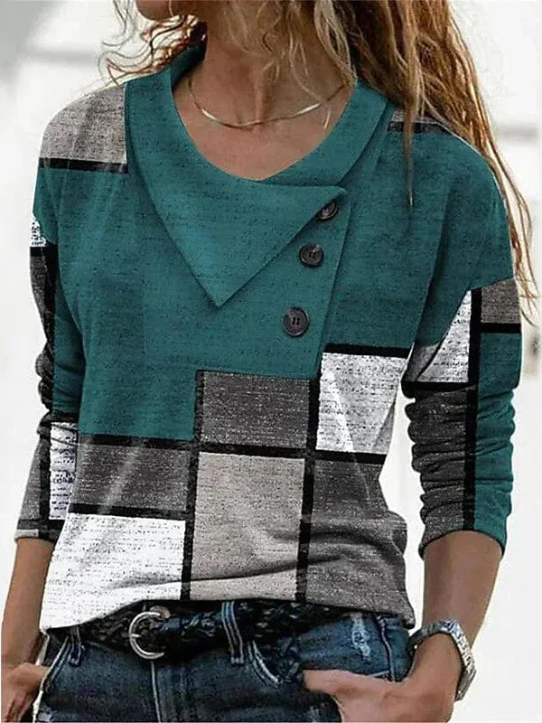 Women's Geometric Abstract Print Long Sleeve T-Shirt with Button Pile Neck