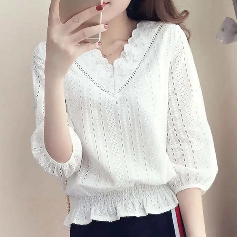 Women's White Blouse Lace Crochet Tops V Neck