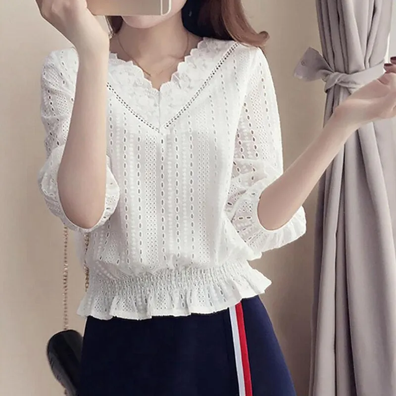 Women's White Blouse Lace Crochet Tops V Neck